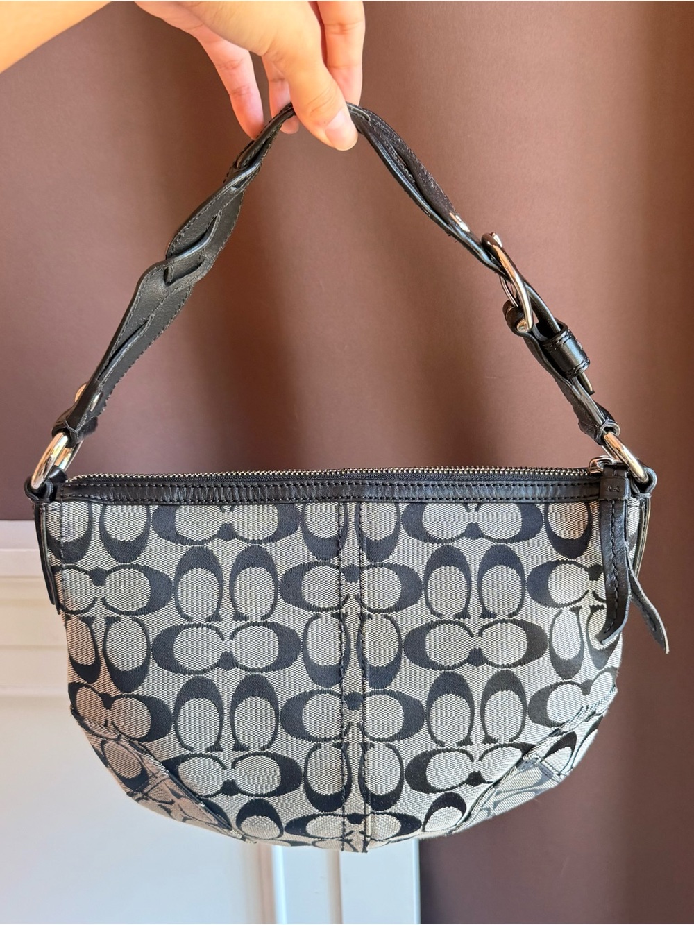 Coach Black and Beige Signature Canvas Shoulder Bag